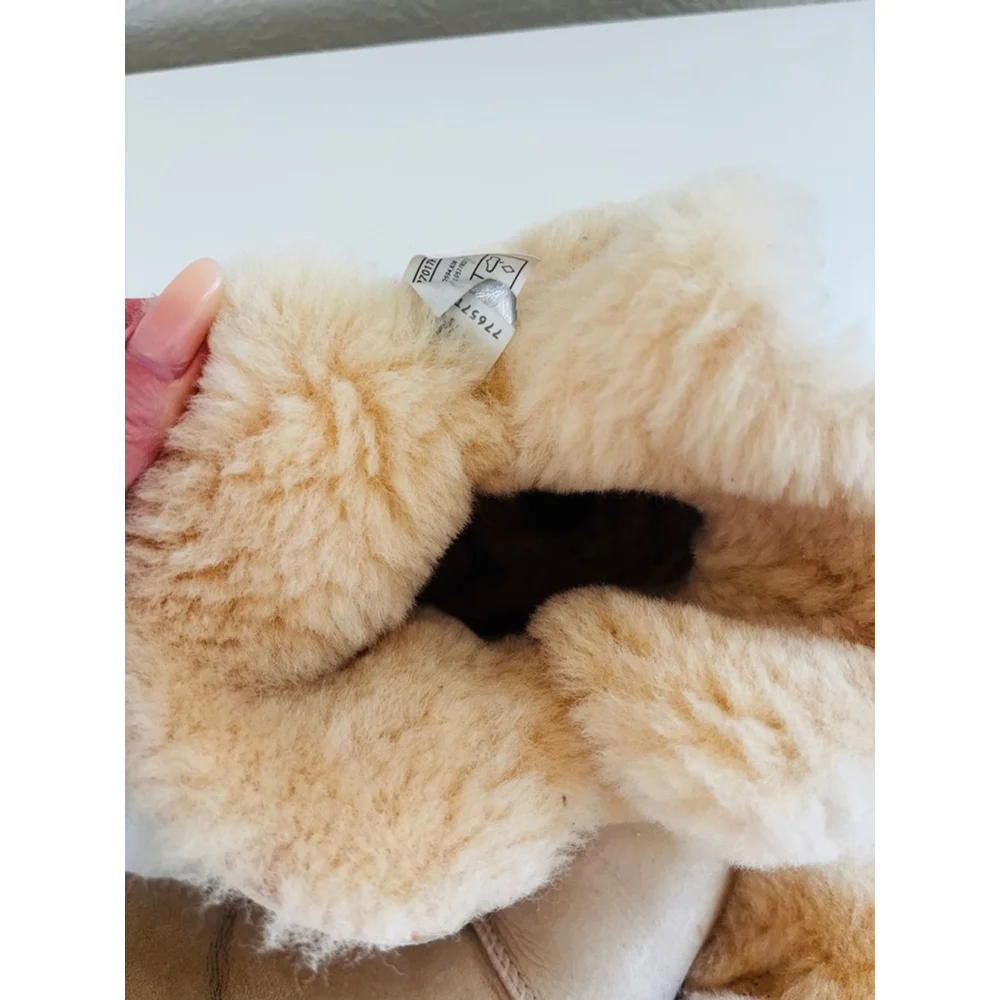 UGG Beige Sheepskin Winter Boots with Pink Pom Poms